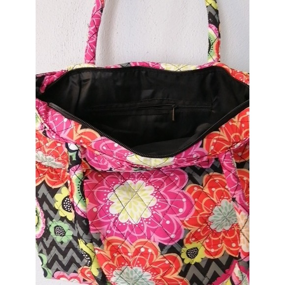 Womens Handbag Pink Floral L Quilted Fabric Zip Close Double Handle Pockets NEW - Picture 4 of 7
